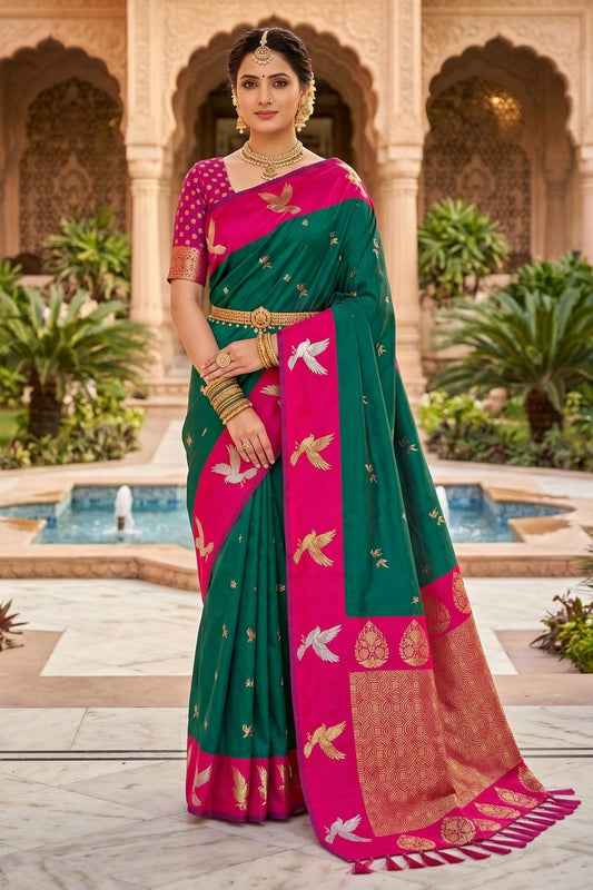 Soft Silk Woven Work Traditional Sarees In Green Colour