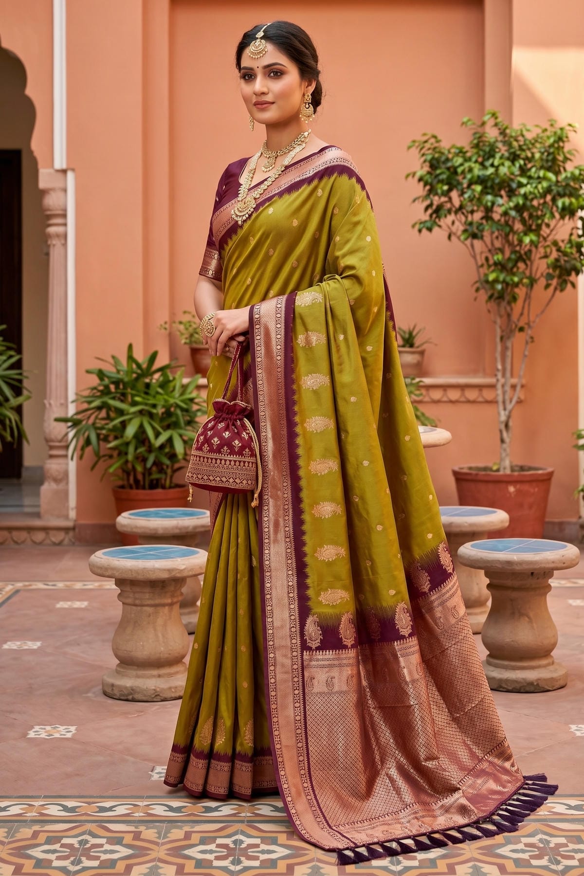 Soft Silk Woven Work Traditional Sarees In Mahendi Colour