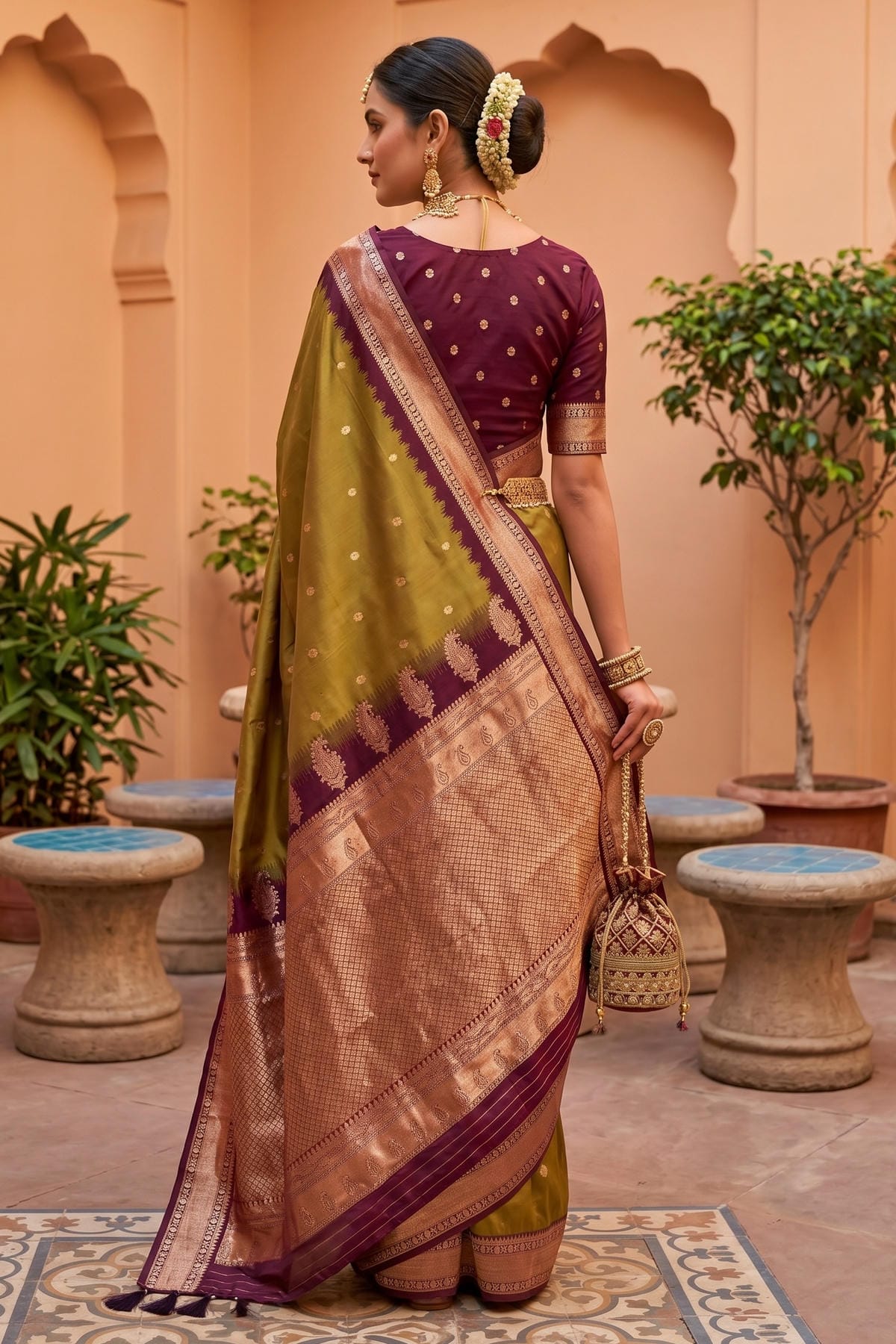 Soft Silk Woven Work Traditional Sarees In Mahendi Colour