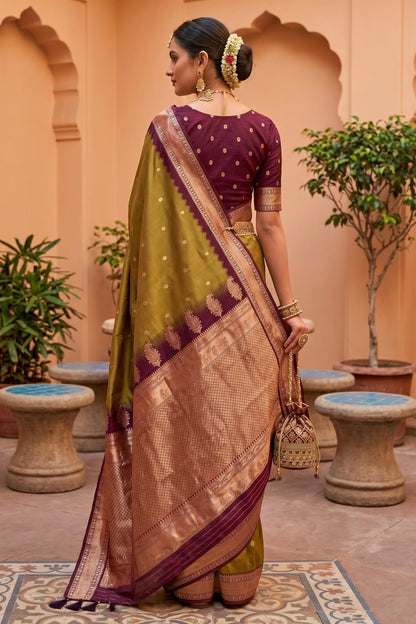 Soft Silk Woven Work Traditional Sarees In Mahendi Colour