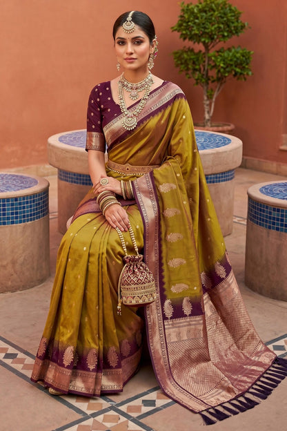 Soft Silk Woven Work Traditional Sarees In Mahendi Colour