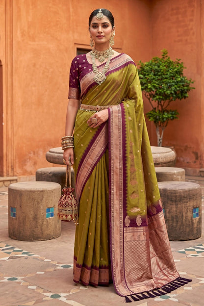 Soft Silk Woven Work Traditional Sarees In Mahendi Colour