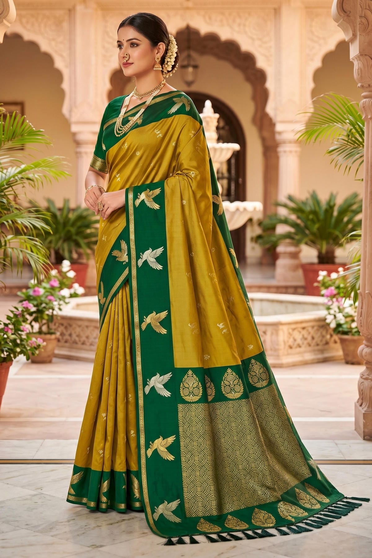 Soft Silk Woven Work Traditional Sarees In Mahendi Colour