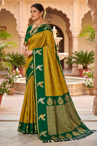 Soft Silk Woven Work Traditional Sarees In Mahendi Colour