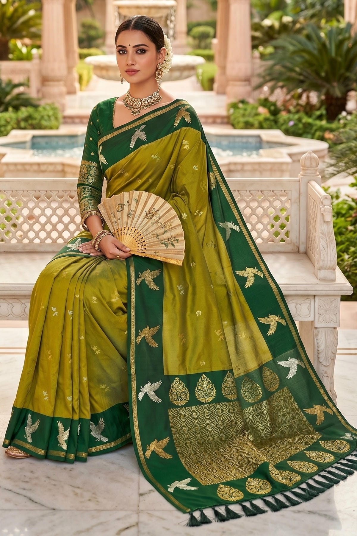 Soft Silk Woven Work Traditional Sarees In Mahendi Colour
