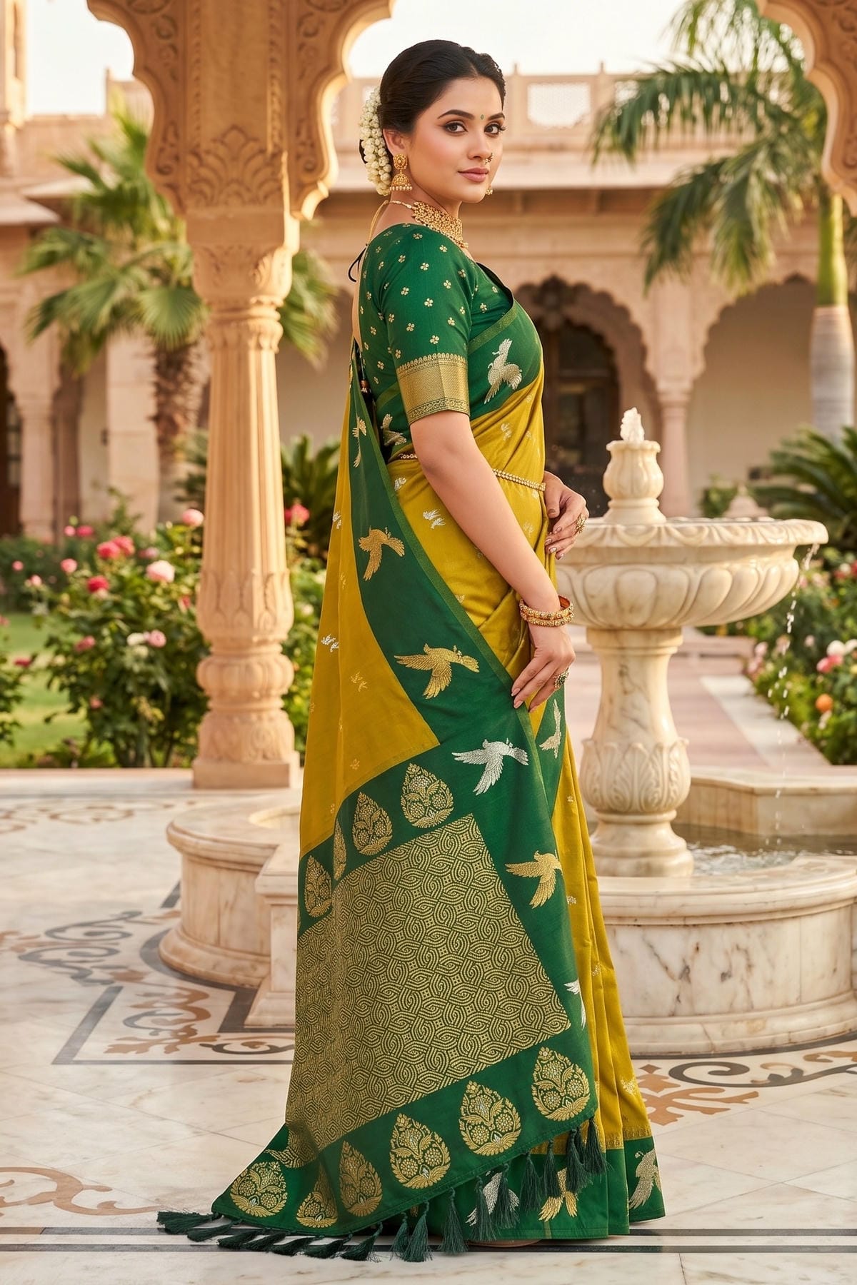 Soft Silk Woven Work Traditional Sarees In Mahendi Colour