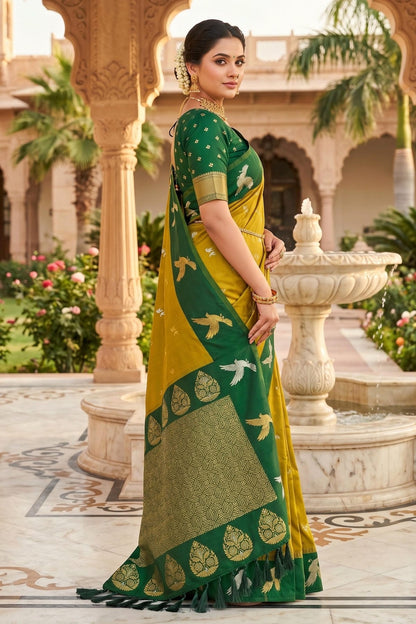 Soft Silk Woven Work Traditional Sarees In Mahendi Colour