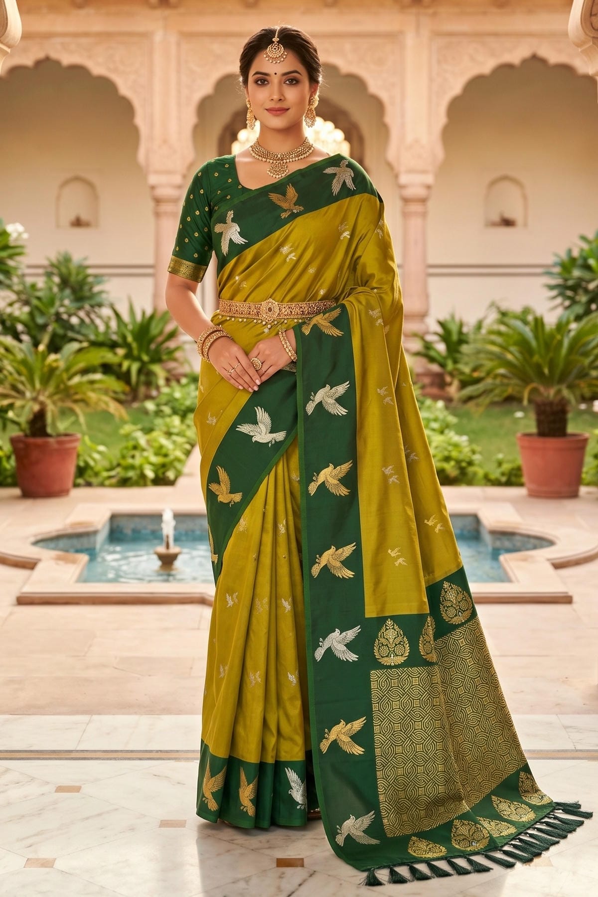 Soft Silk Woven Work Traditional Sarees In Mahendi Colour