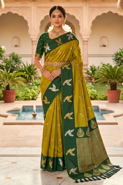 Soft Silk Woven Work Traditional Sarees In Mahendi Colour