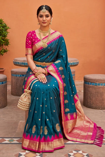 Soft Silk Woven Work Traditional Sarees In Morpich Colour