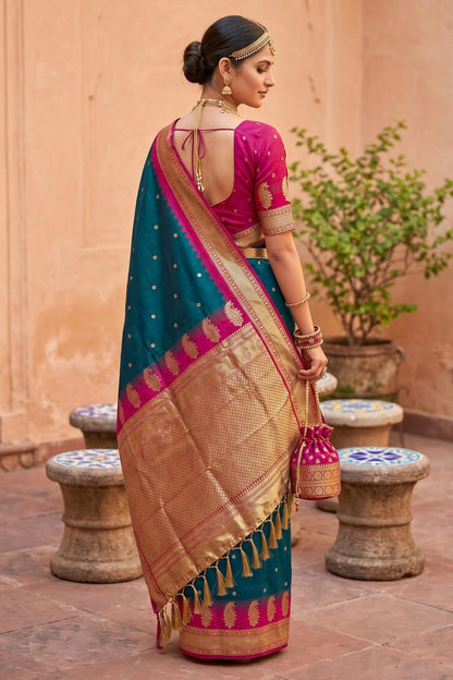 Soft Silk Woven Work Traditional Sarees In Morpich Colour