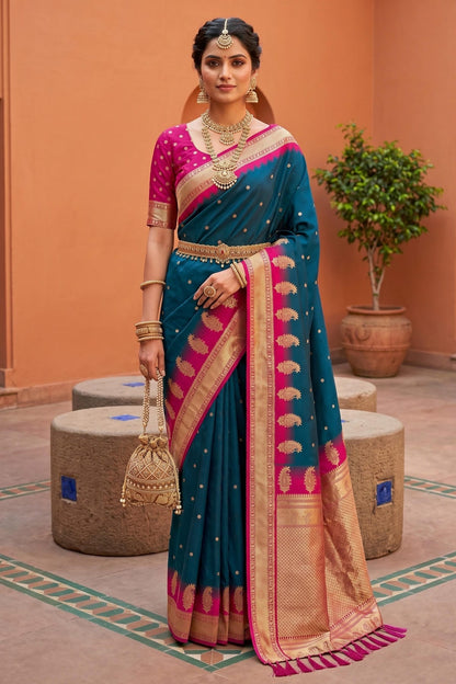 Soft Silk Woven Work Traditional Sarees In Morpich Colour