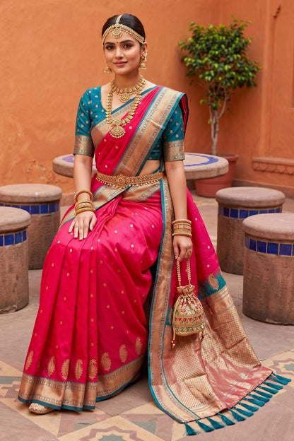 Soft Silk Woven Work Traditional Sarees In Pink Colour