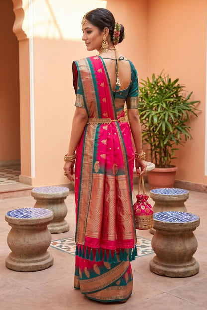 Soft Silk Woven Work Traditional Sarees In Pink Colour
