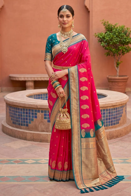 Soft Silk Woven Work Traditional Sarees In Pink Colour