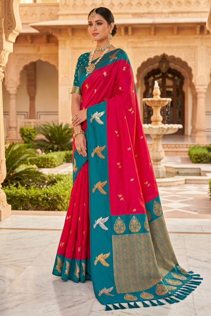 Soft Silk Woven Work Traditional Sarees In Pink Colour