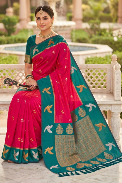 Soft Silk Woven Work Traditional Sarees In Pink Colour