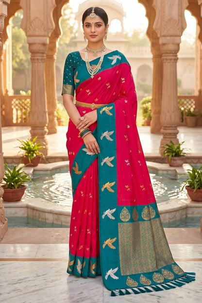 Soft Silk Woven Work Traditional Sarees In Pink Colour