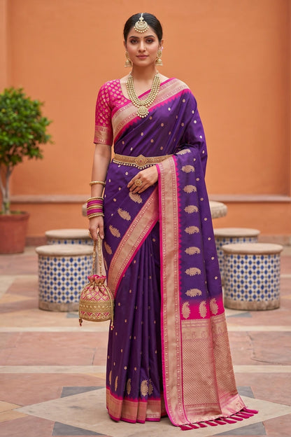 Soft Silk Woven Work Traditional Sarees In Purple Colour