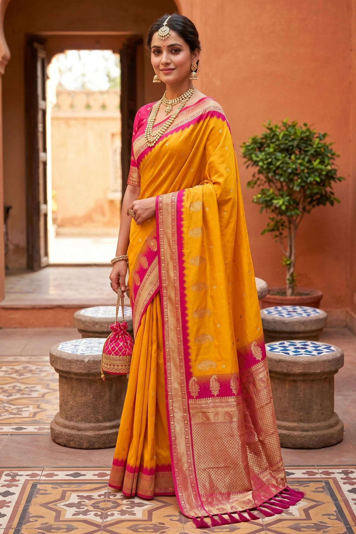 Soft Silk Woven Work Traditional Sarees In Yellow Colour