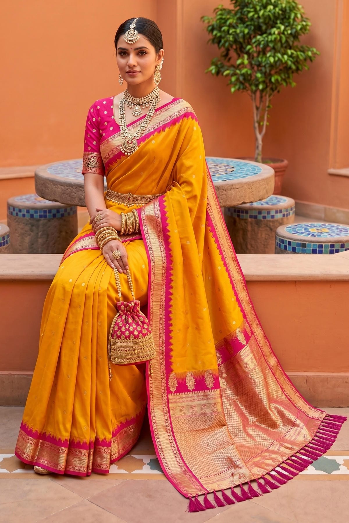 Soft Silk Woven Work Traditional Sarees In Yellow Colour