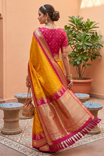 Soft Silk Woven Work Traditional Sarees In Yellow Colour