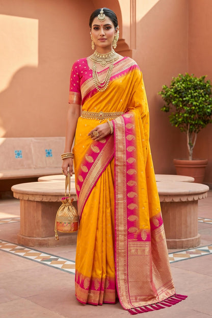 Soft Silk Woven Work Traditional Sarees In Yellow Colour