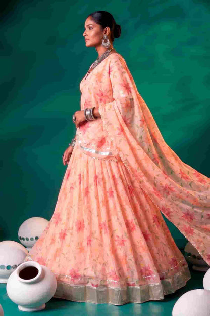 Tabby Silk Floral Print Lehenga Choli In Peach Colour