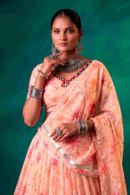 Tabby Silk Floral Print Lehenga Choli In Peach Colour