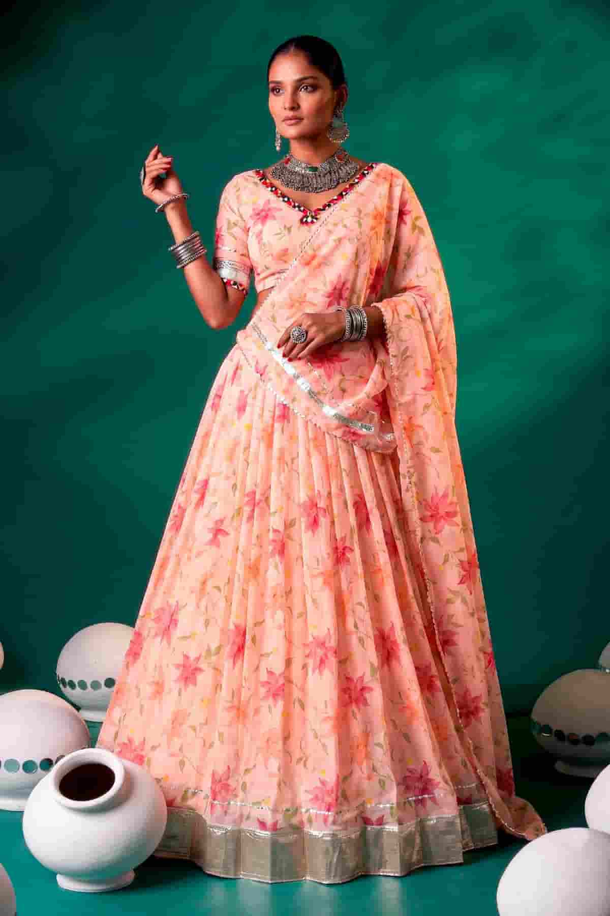 Tabby Silk Floral Print Lehenga Choli In Peach Colour