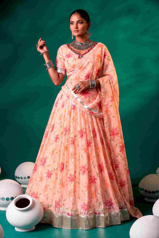 Tabby Silk Floral Print Lehenga Choli In Peach Colour