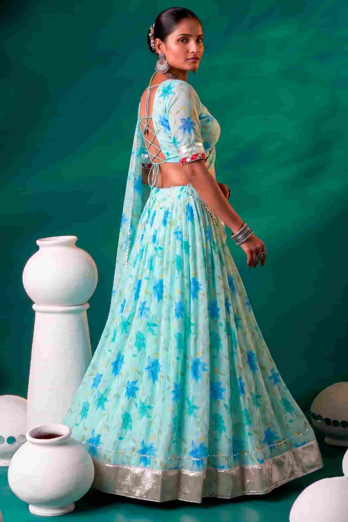 Tabby Silk Floral Print Lehenga Choli In Pista Green Colour