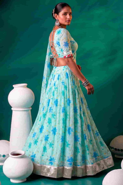 Tabby Silk Floral Print Lehenga Choli In Pista Green Colour