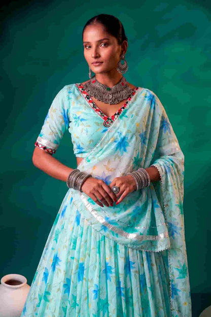 Tabby Silk Floral Print Lehenga Choli In Pista Green Colour