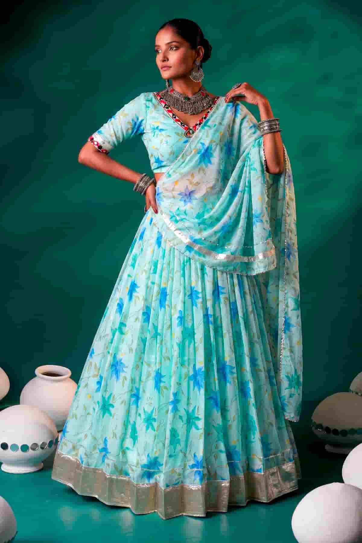 Tabby Silk Floral Print Lehenga Choli In Pista Green Colour