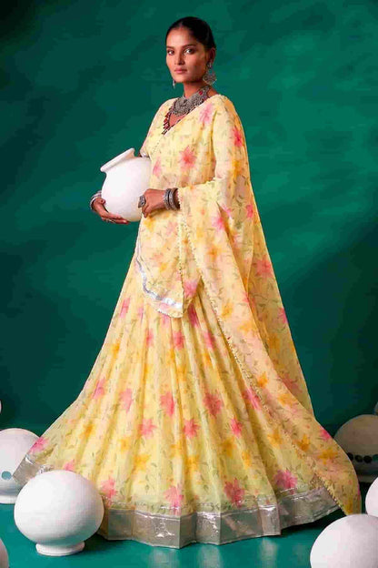 Tabby Silk Floral Print Lehenga Choli In Yellow Colour