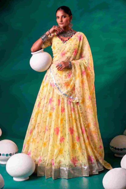 Tabby Silk Floral Print Lehenga Choli In Yellow Colour
