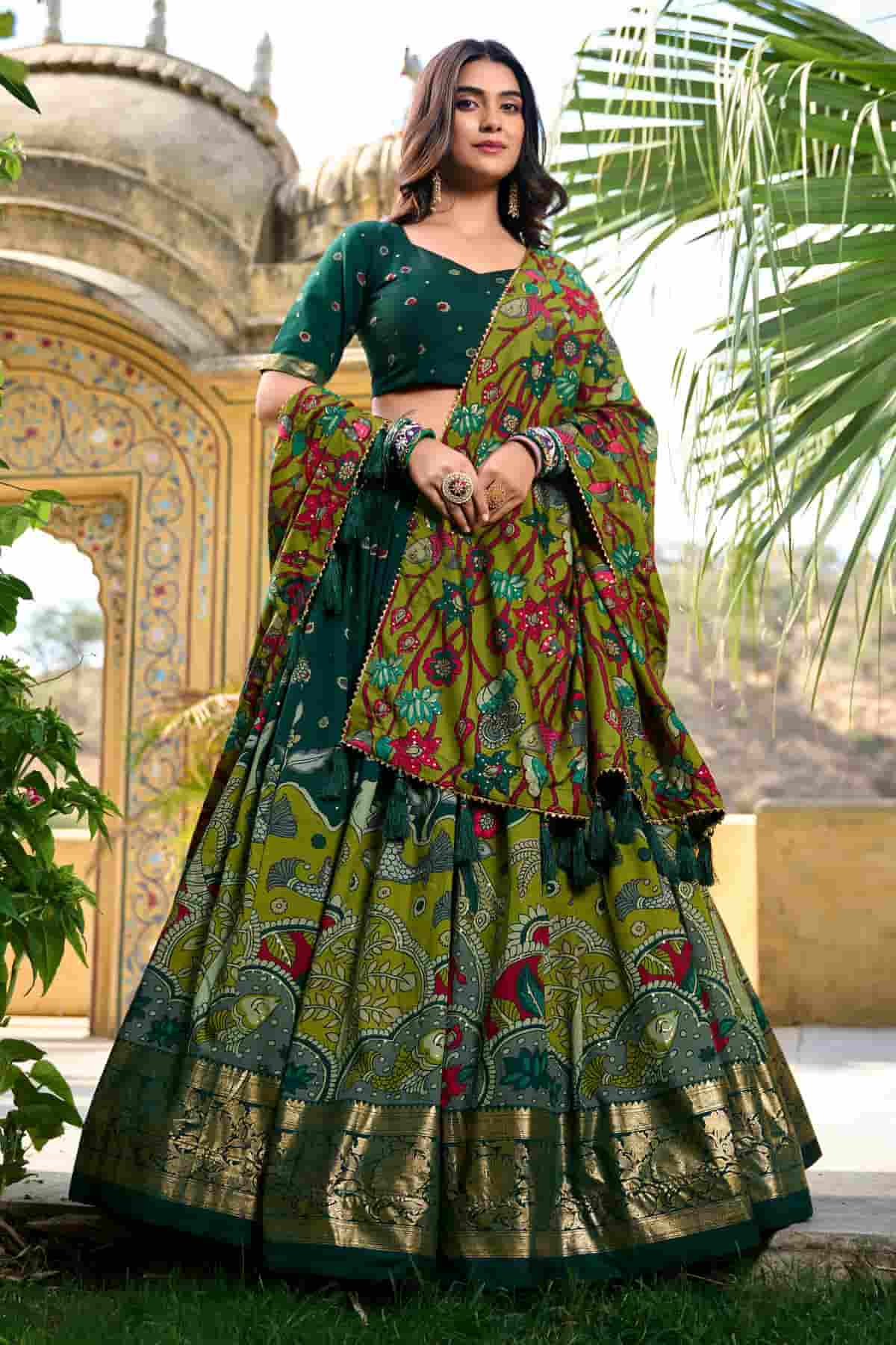 Tasar Silk Kalamkari Print Foil Work Lehenga Choli In Green Colour