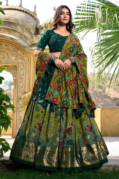 Tasar Silk Kalamkari Print Foil Work Lehenga Choli In Green Colour