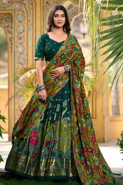 Tasar Silk Kalamkari Print Foil Work Lehenga Choli In Green Colour