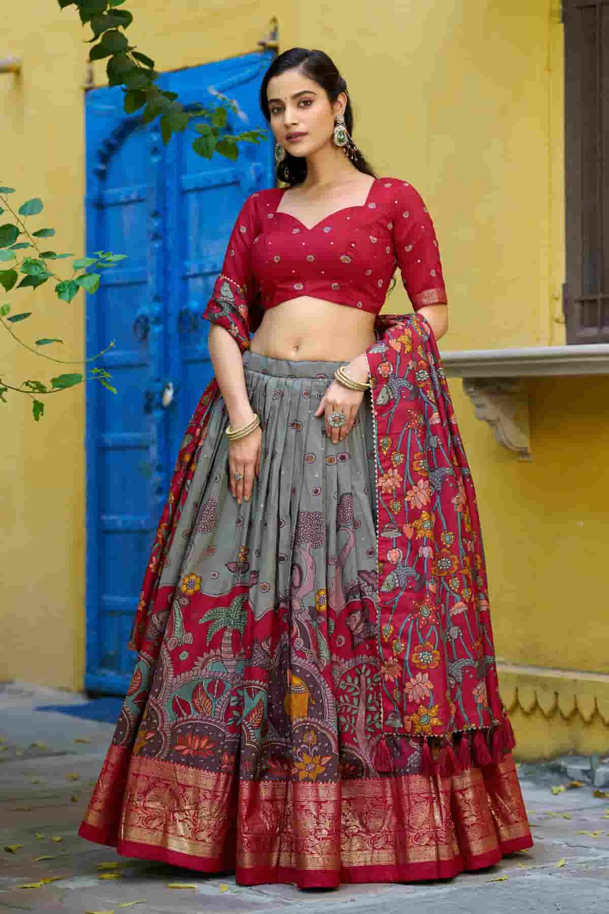 Tasar Silk Kalamkari Print Foil Work Lehenga Choli In Grey Colour