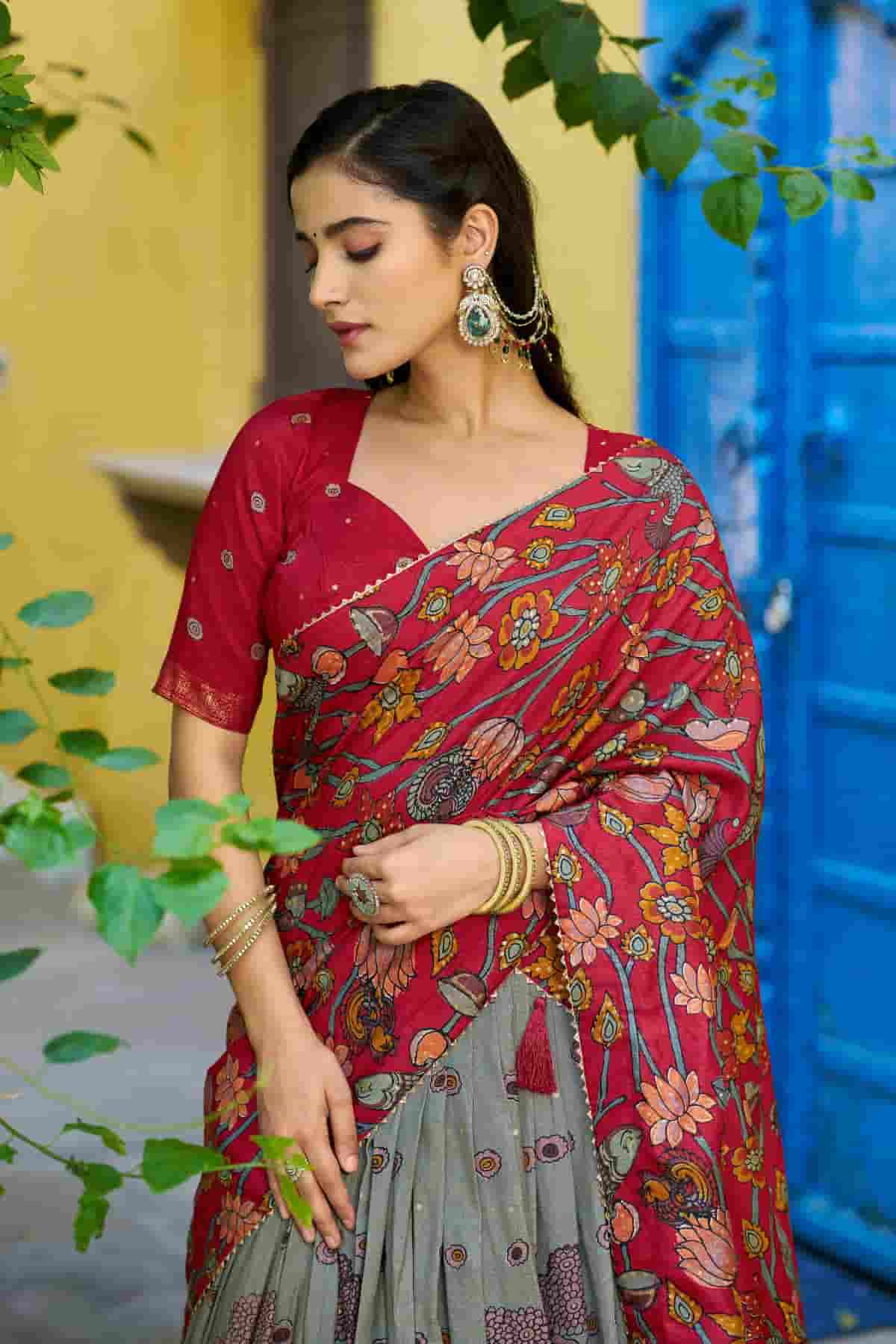 Tasar Silk Kalamkari Print Foil Work Lehenga Choli In Grey Colour