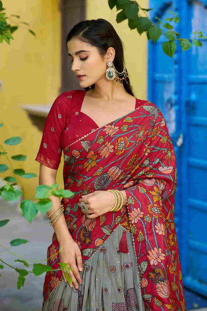 Tasar Silk Kalamkari Print Foil Work Lehenga Choli In Grey Colour