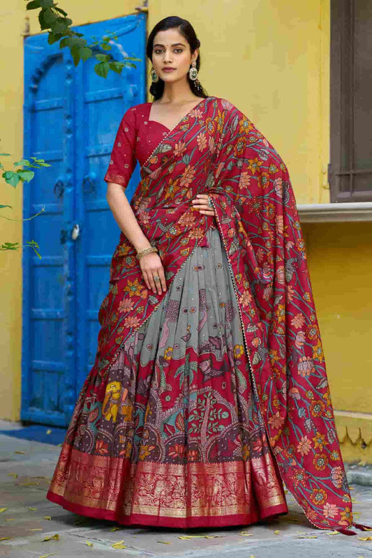 Tasar Silk Kalamkari Print Foil Work Lehenga Choli In Grey Colour
