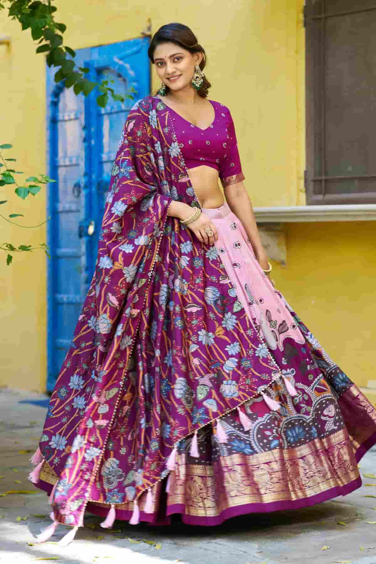 Tasar Silk Kalamkari Print Foil Work Lehenga Choli In Light Pink Colour