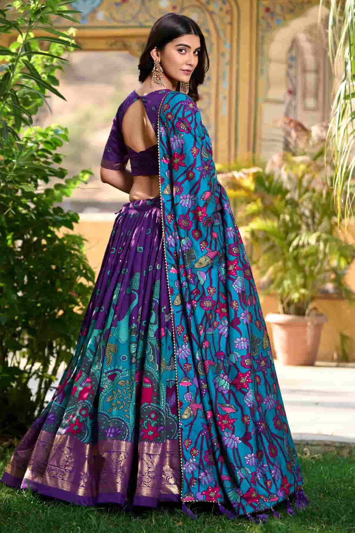 Tasar Silk Kalamkari Print Foil Work Lehenga Choli In Purple Colour