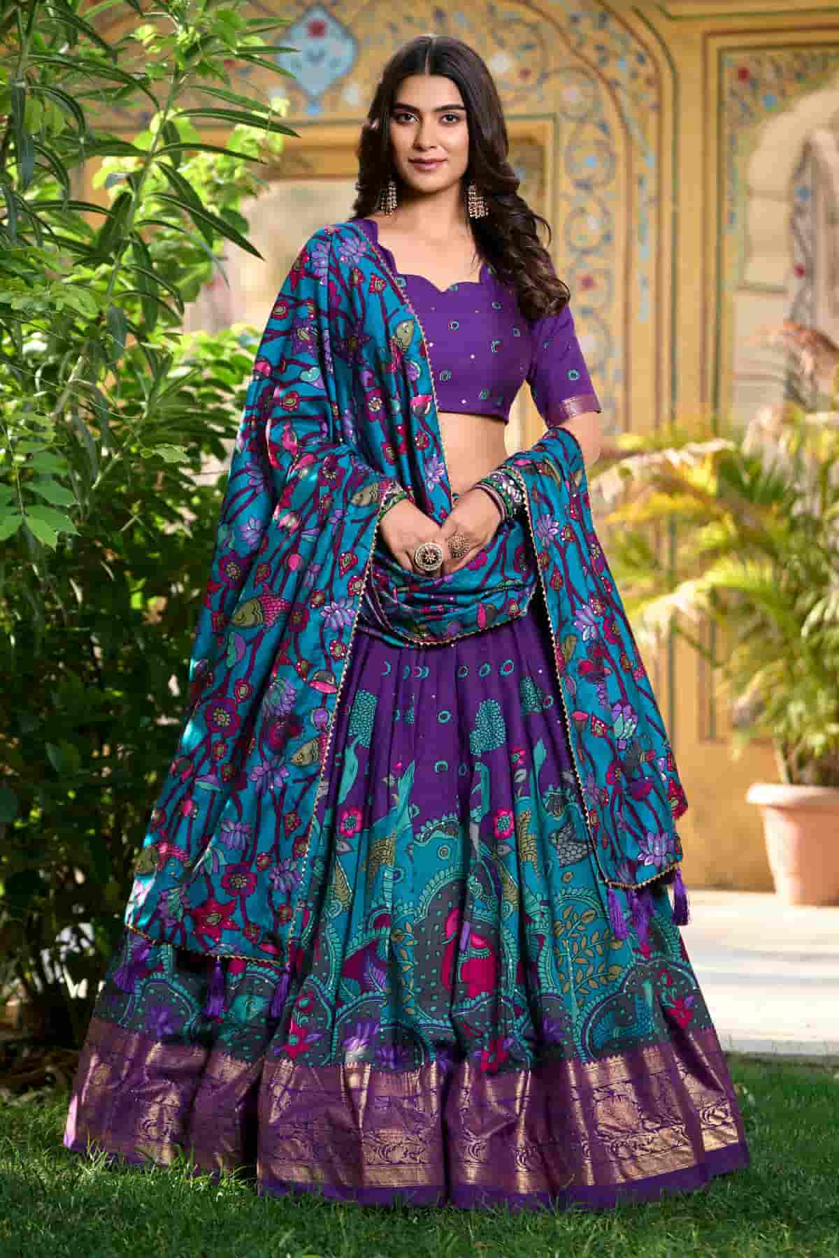 Tasar Silk Kalamkari Print Foil Work Lehenga Choli In Purple Colour