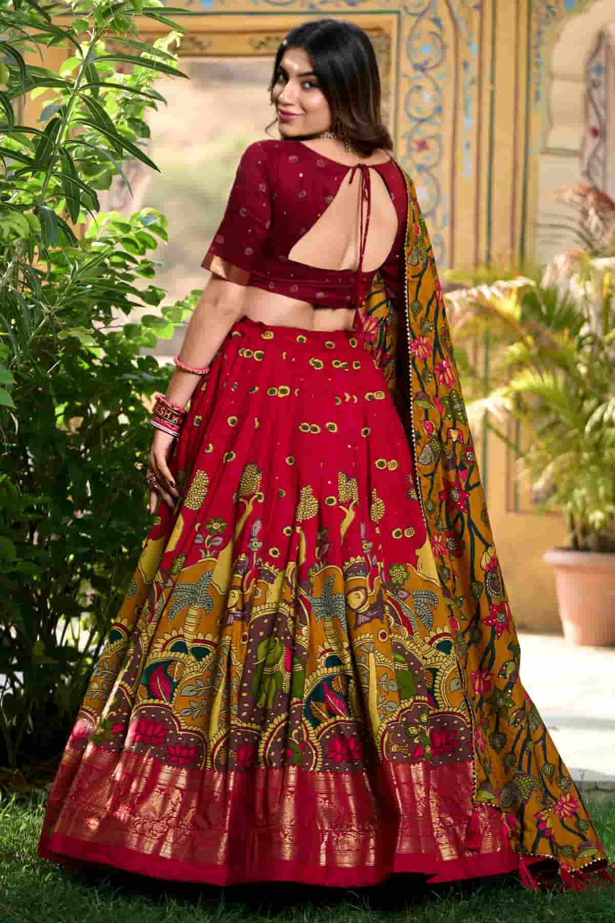 Tasar Silk Kalamkari Print Foil Work Lehenga Choli In Red Colour