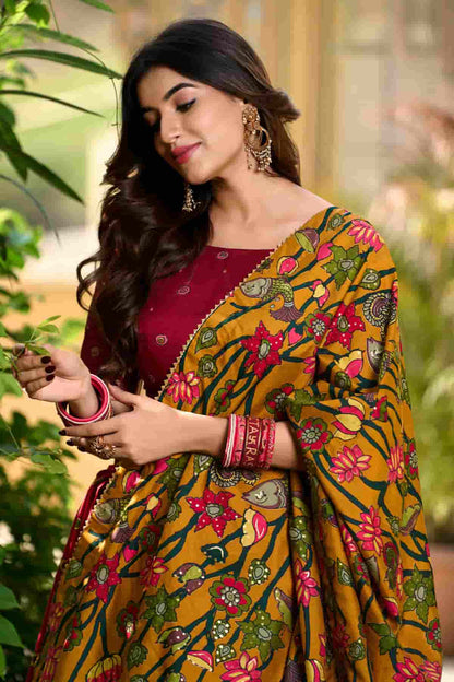 Tasar Silk Kalamkari Print Foil Work Lehenga Choli In Red Colour