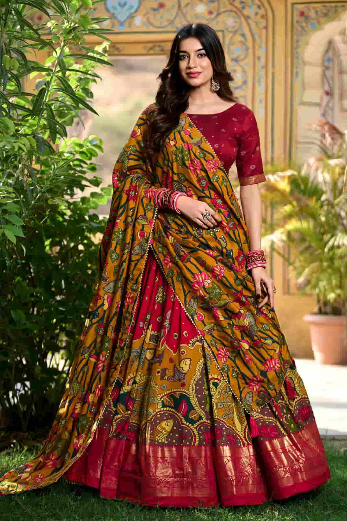 Tasar Silk Kalamkari Print Foil Work Lehenga Choli In Red Colour